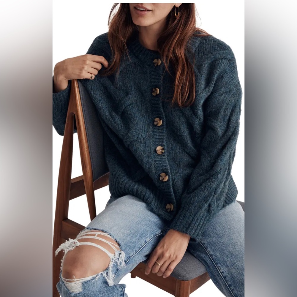 Madewell Cable Ashmont Cardigan Sweater Sz XXS Heather Mineral Mineral Blue